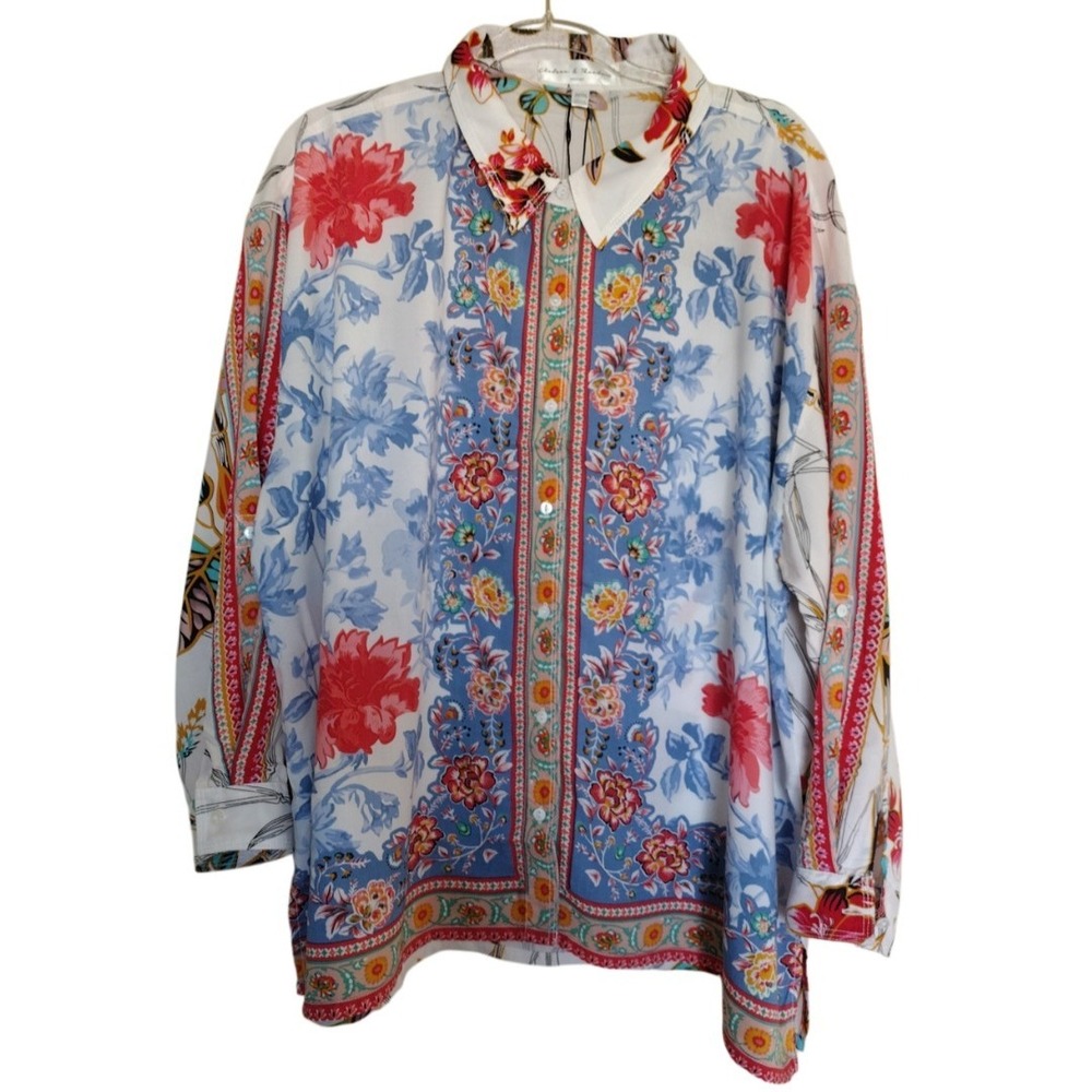 Chelsea‎ & Theodore Button Up Shirt Blouse Woman's 2X Multicolor Floral Roll Tap